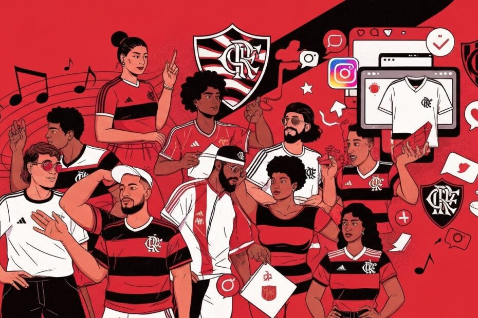 Ilustração vibrante mostrando a influência cultural do Flamengo, com torcedores diversos, elementos de música, moda e mídia digital.