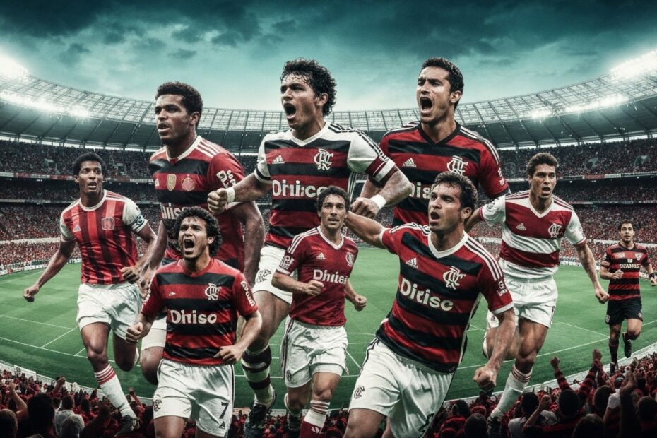 Jogadores estrangeiros icônicos do Flamengo comemorando vitórias no Maracanã.