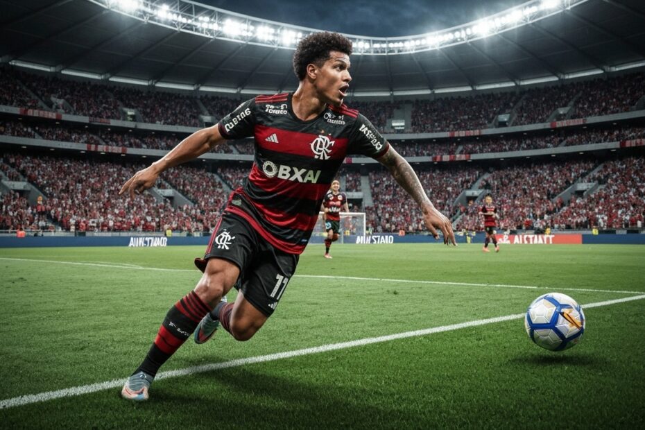 Jogador do Flamengo em ação na lateral do campo no Maracanã