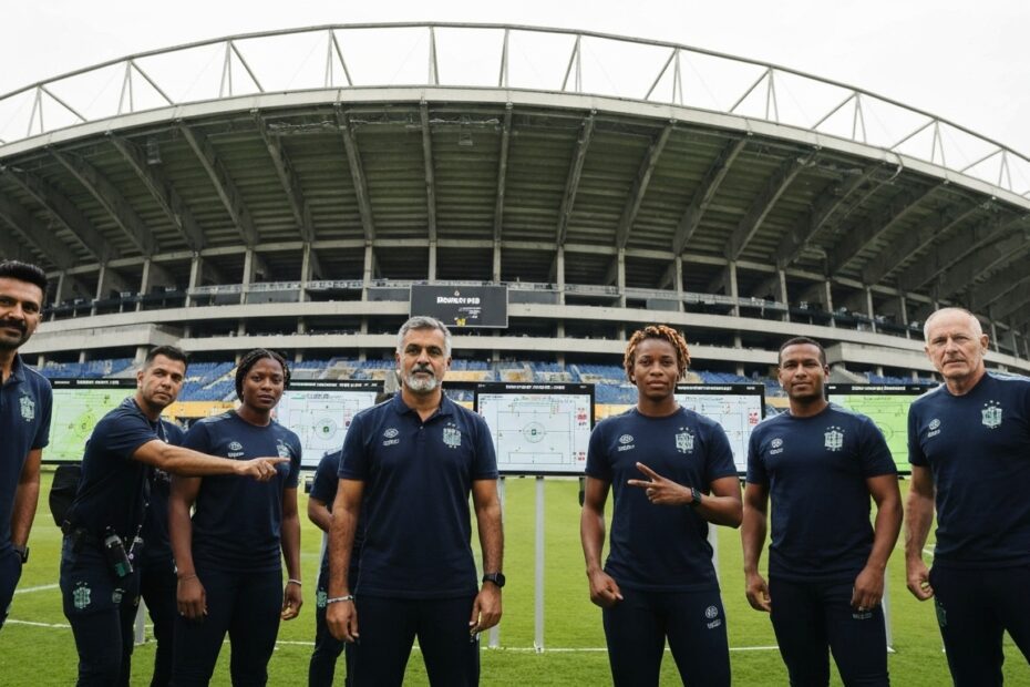 Treinadores estrangeiros em frente ao Maracanã, representando a diversidade de influências no Flamengo.