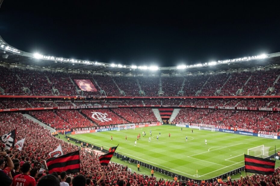 Torcida do Flamengo lotando o Maracanã em dia de jogo histórico, com destaque para a paixão e a multidão em êxtase.