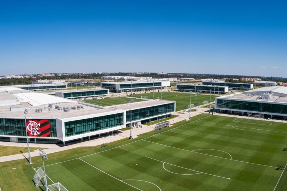 Vista aérea do Ninho do Urubu, centro de treinamento do Flamengo, mostrando campos de futebol, prédios modernos e infraestrutura completa.