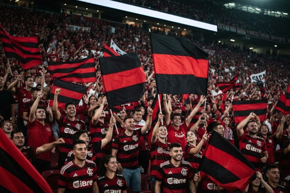Torcedores do Flamengo em êxtase, com bandeiras e camisas rubro-negras, em um estádio vibrante.