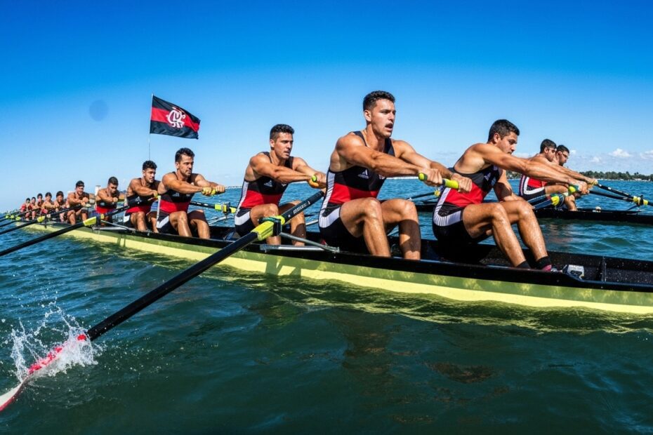 Time de remo do Flamengo em competição, celebrando a força e a tradição do esporte no clube.