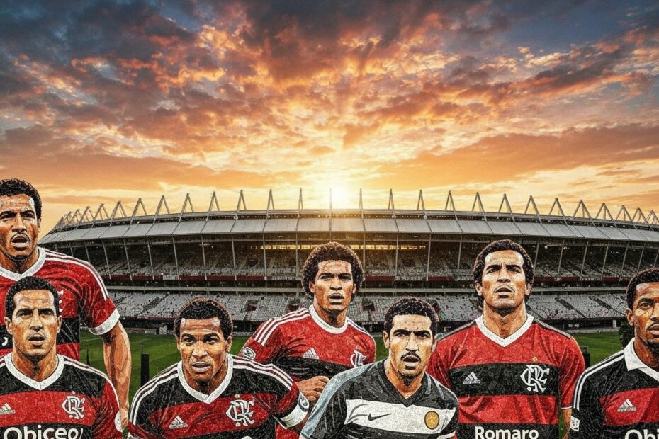 Mosaico de lendas do Flamengo, incluindo Zico, Junior, Romario, Adriano, Gabigol e Arrascaeta