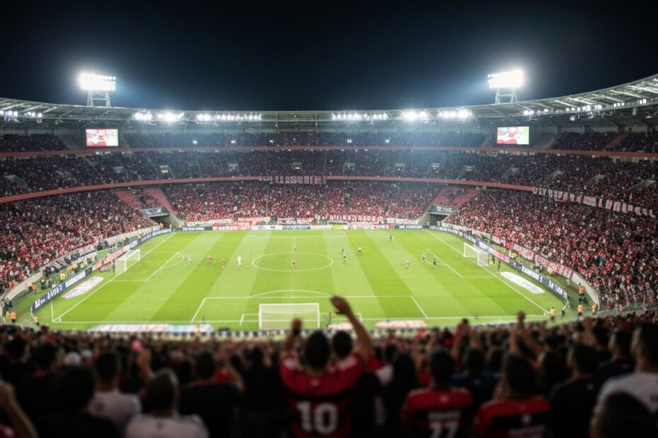 Torcedores organizados do Flamengo em um estádio lotado, exibindo bandeiras e faixas vermelhas e pretas.