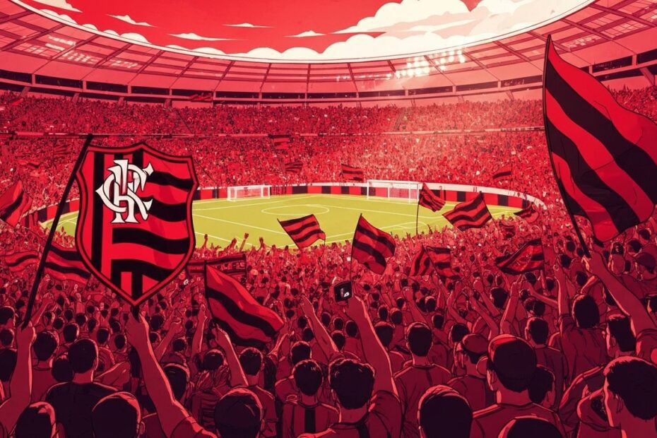 Estádio lotado com torcedores do Flamengo em festa, celebrando o 'Time do Povo'