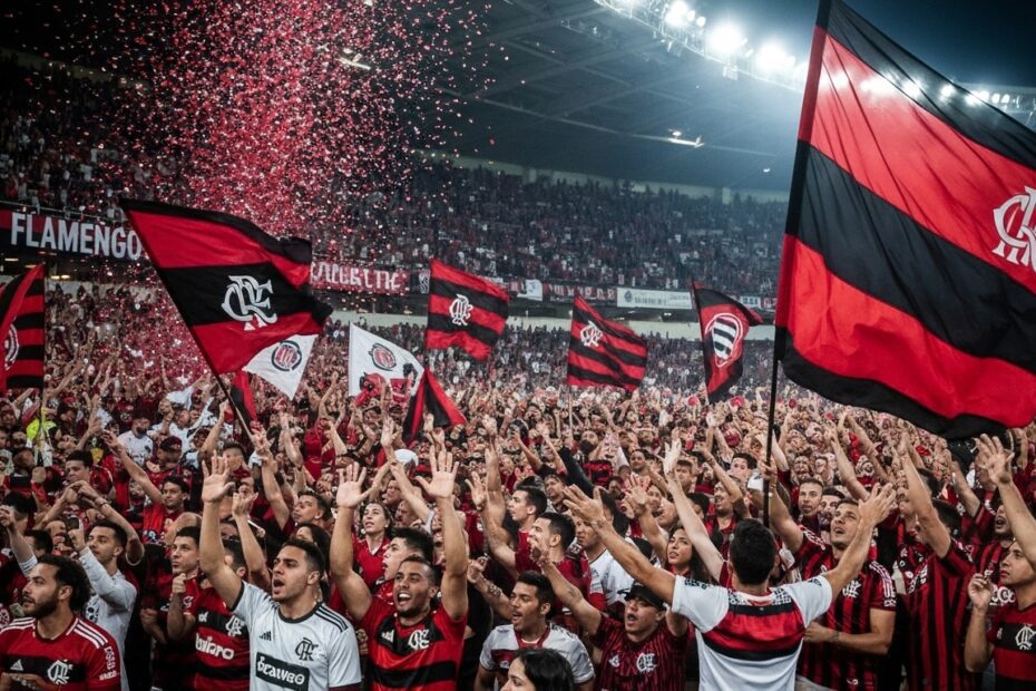 Torcedores do Flamengo vibrando intensamente em um estádio, com bandeiras rubro-negras e confetes.
