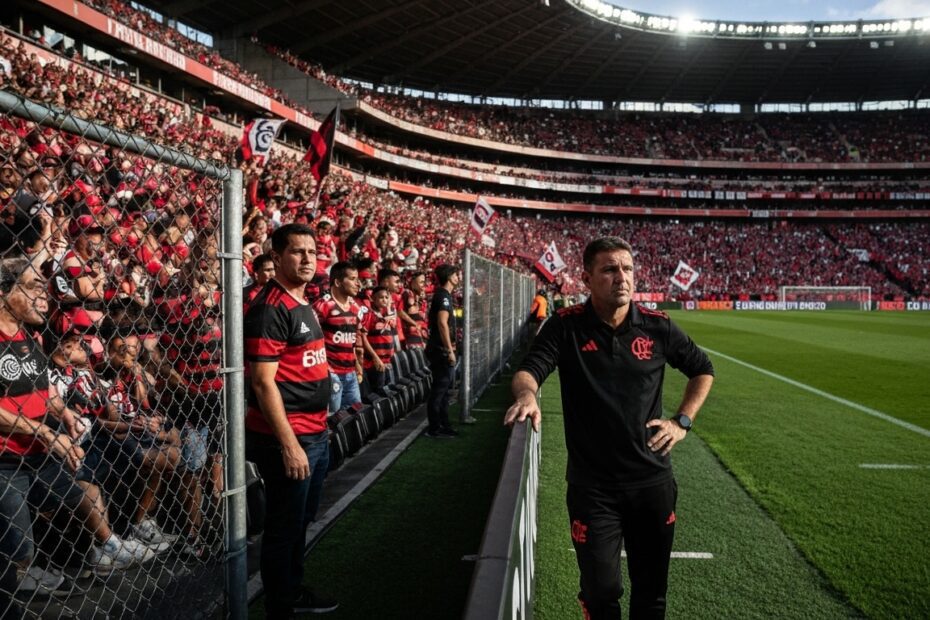 Torcedores do Flamengo em um estádio com as cores do time