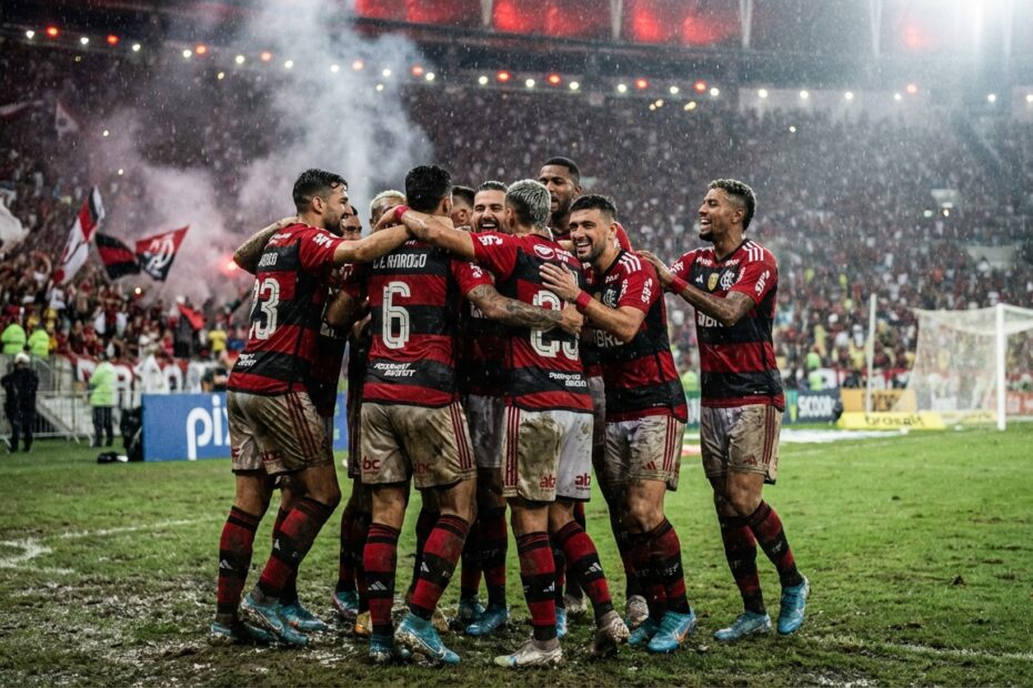Jogadores do Flamengo comemoram goleada sob chuva no Maracanã