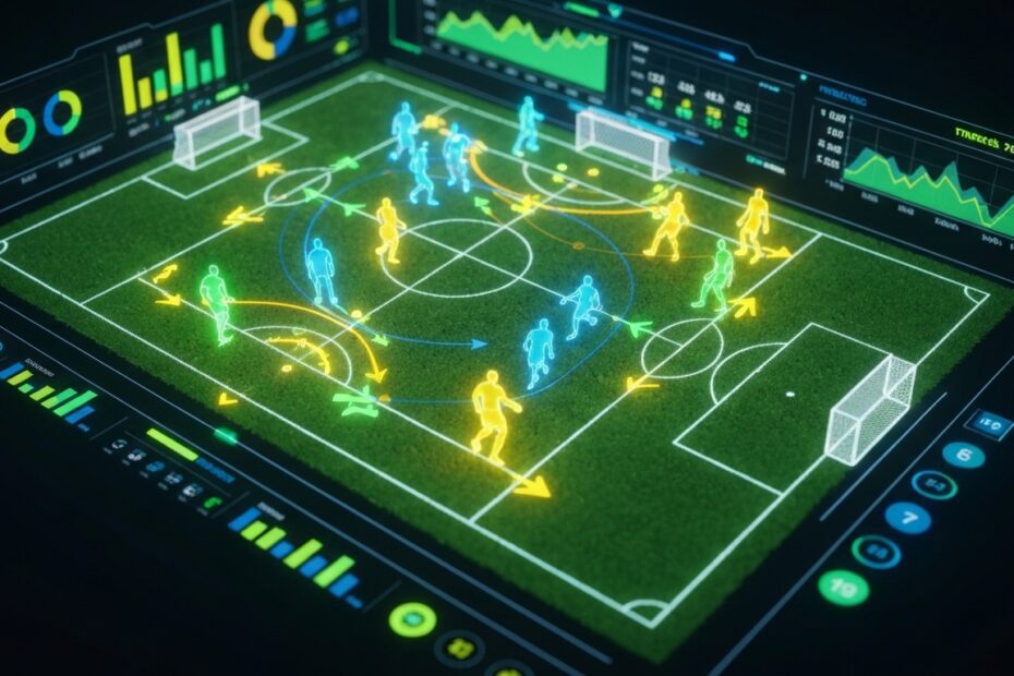 Cena digital e futurista com um campo de futebol projetado holograficamente, mostrando linhas táticas e dados de jogadores em movimento, ilustrando a análise tática dos grandes times do Brasileirão.