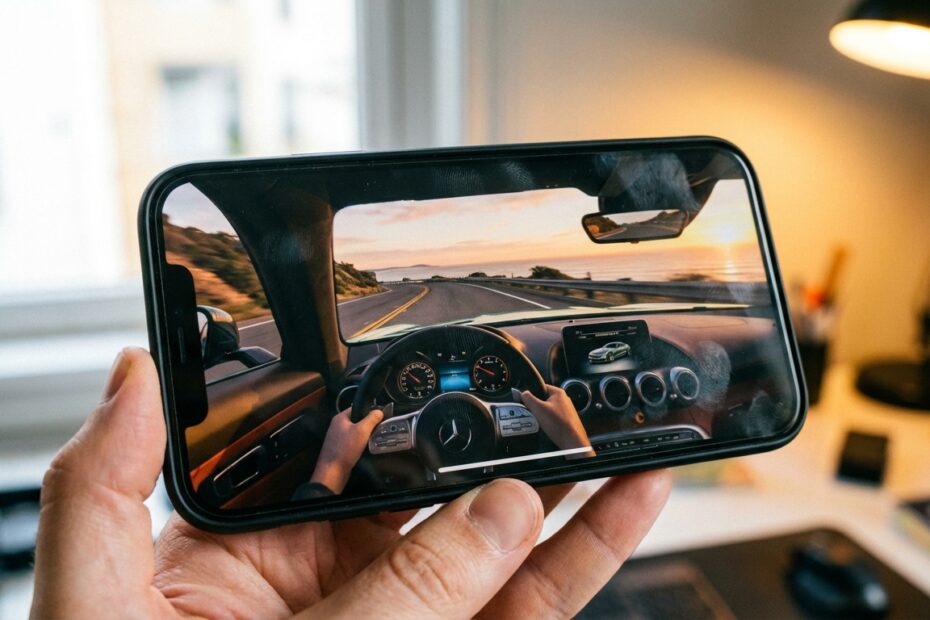 Tela de celular exibindo jogo de corrida de carros