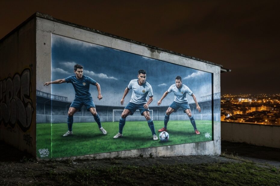 Arte de grafite e mosaicos celebrando o futebol em estádios e cidades