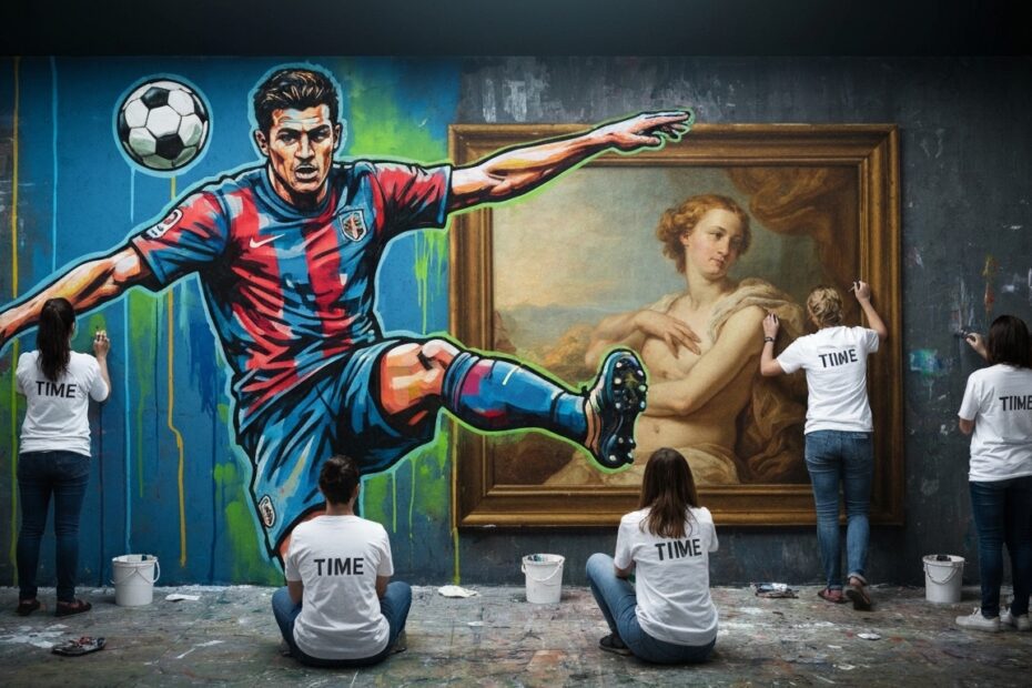Combinação de arte de grafite e releitura de pintura clássica com camisas de futebol