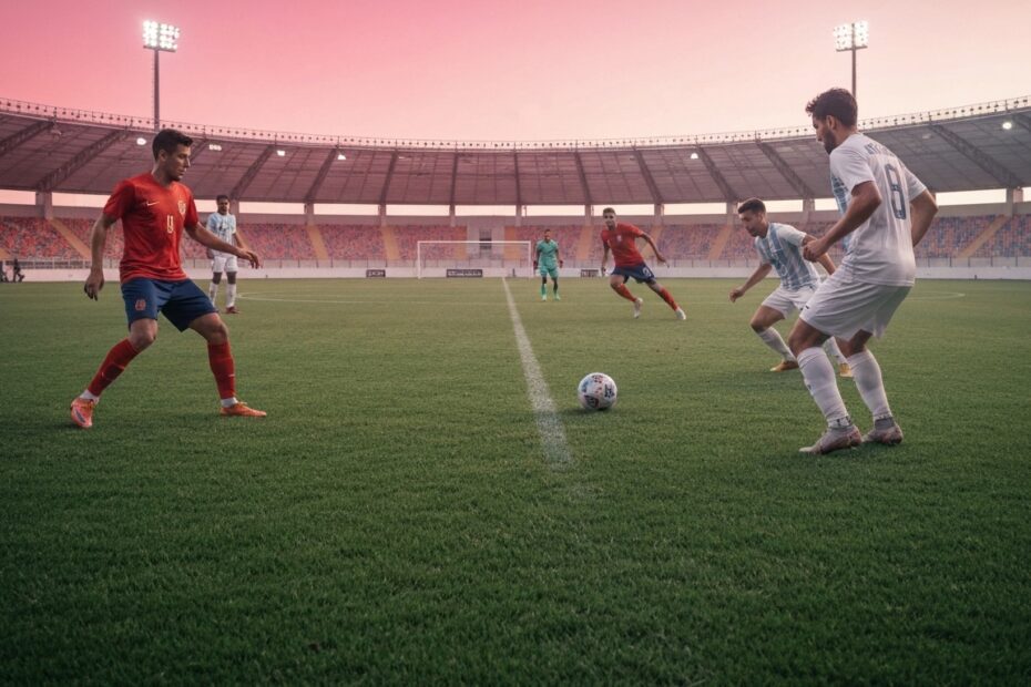 Campo de futebol com elementos científicos e lendas