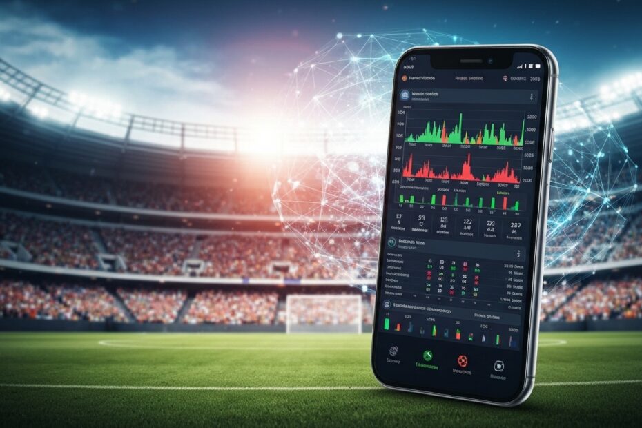 Um smartphone exibindo dados e análises de apostas esportivas sobre um campo de futebol e estádio, simbolizando estratégias eficazes sobre como apostar no Campeonato Brasileiro com inteligência.