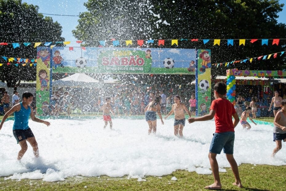 Crianças e adultos se divertindo em uma quadra de futebol de sabão inflável