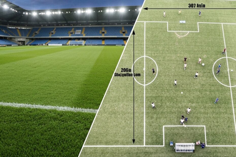 Comparativo visual das dimensões de um campo de futebol profissional versus um campo amador.