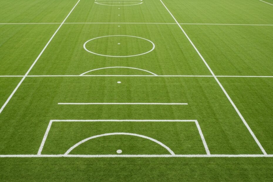 Vista aérea detalhada de um campo de futebol profissional mostrando as dimensões e marcações