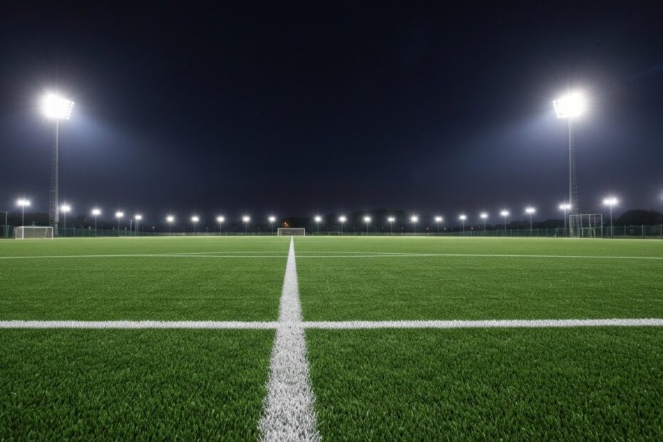 Campo de futebol com dimensões oficiais e marcações precisas.