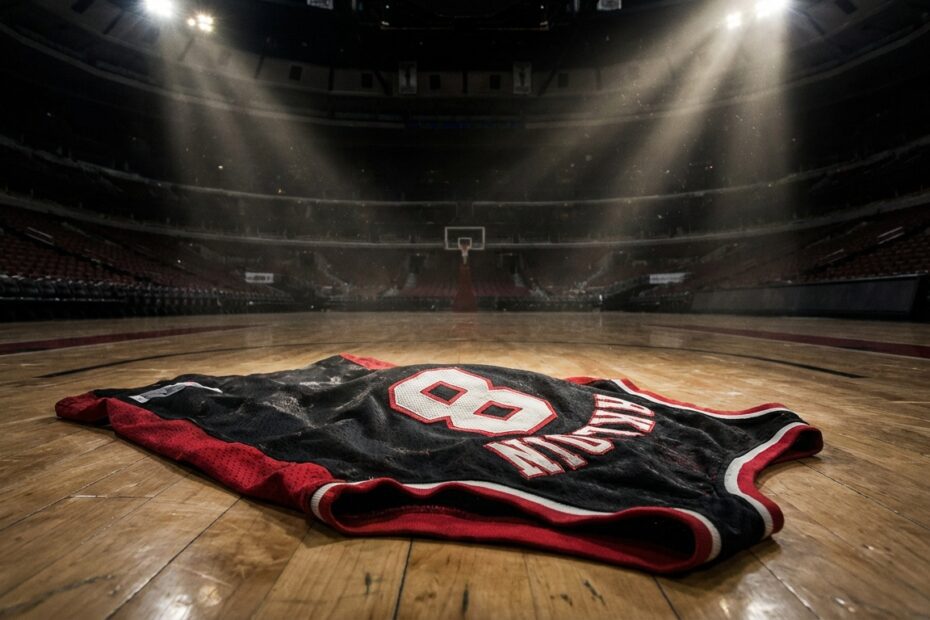 Camisa 8 do Flamengo sobre a quadra de basquete representando a chegada de Bautista Lugarini