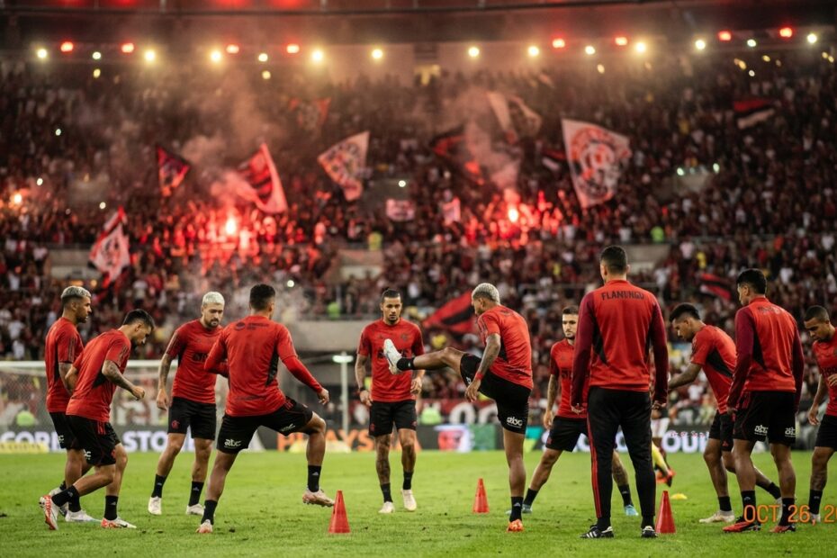 Jogadores do Flamengo no gramado do Maracanã antes de partida decisiva