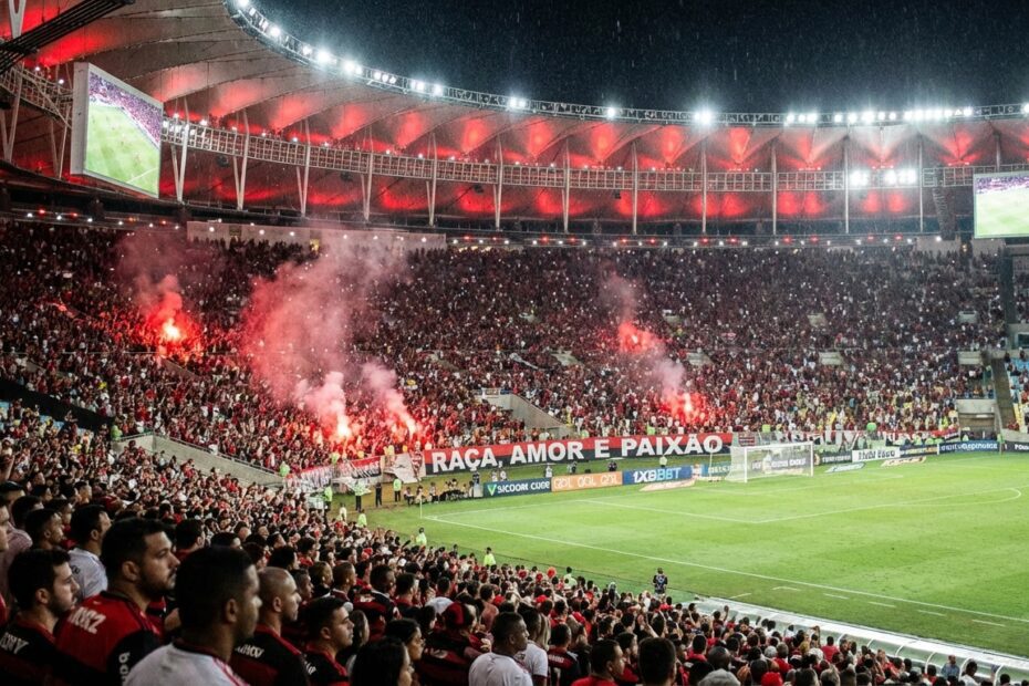 Estádio do Maracanã iluminado à noite para jogo do Flamengo
