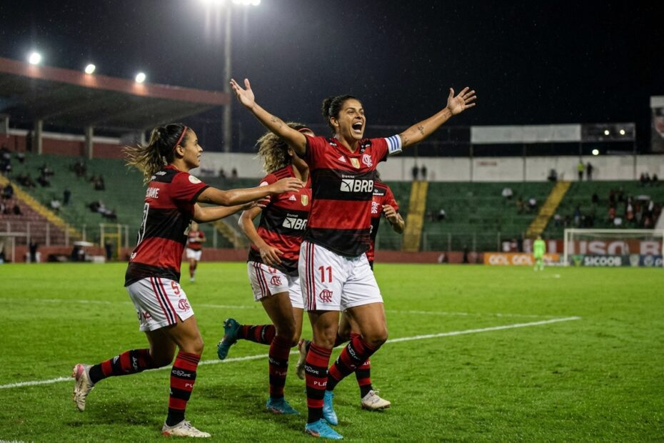 Jogadoras do Flamengo comemoram gol contra o Red Bull Bragantino no estádio Luso Brasileiro