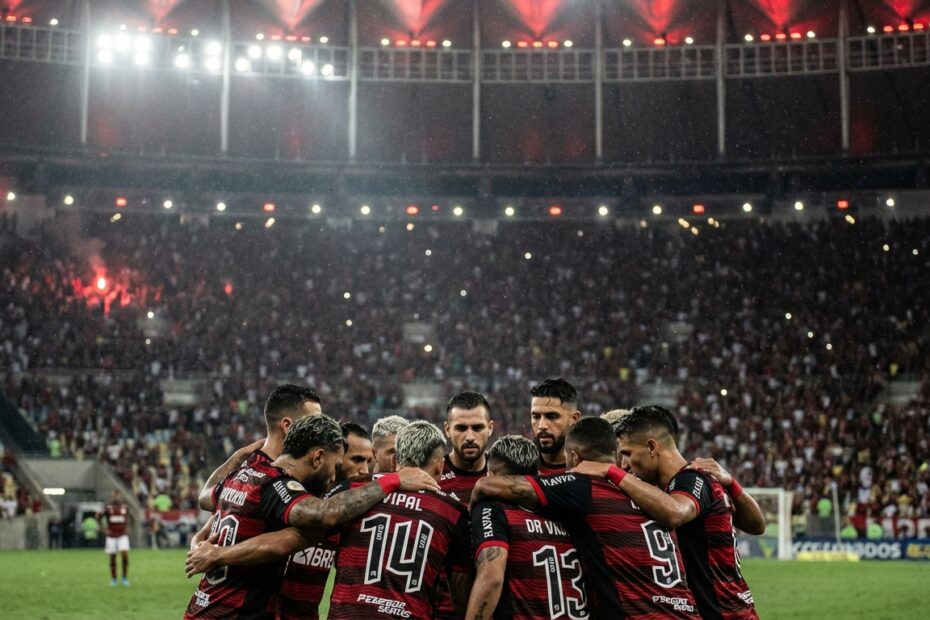 Jogadores do Flamengo reunidos no gramado em momento de concentração antes de partida decisiva