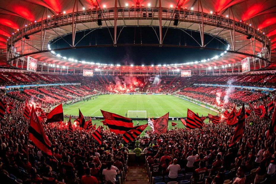 Vista panorâmica da torcida do Flamengo lotando o Maracanã em dia de jogo