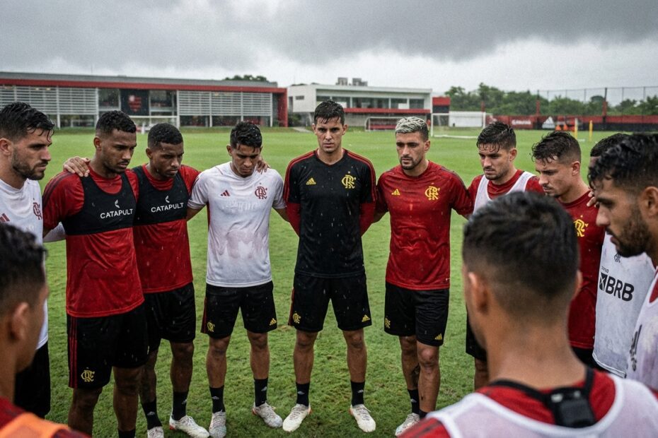 Jogadores do Flamengo reunidos no Ninho do Urubu para conversa séria antes da decisão da Recopa