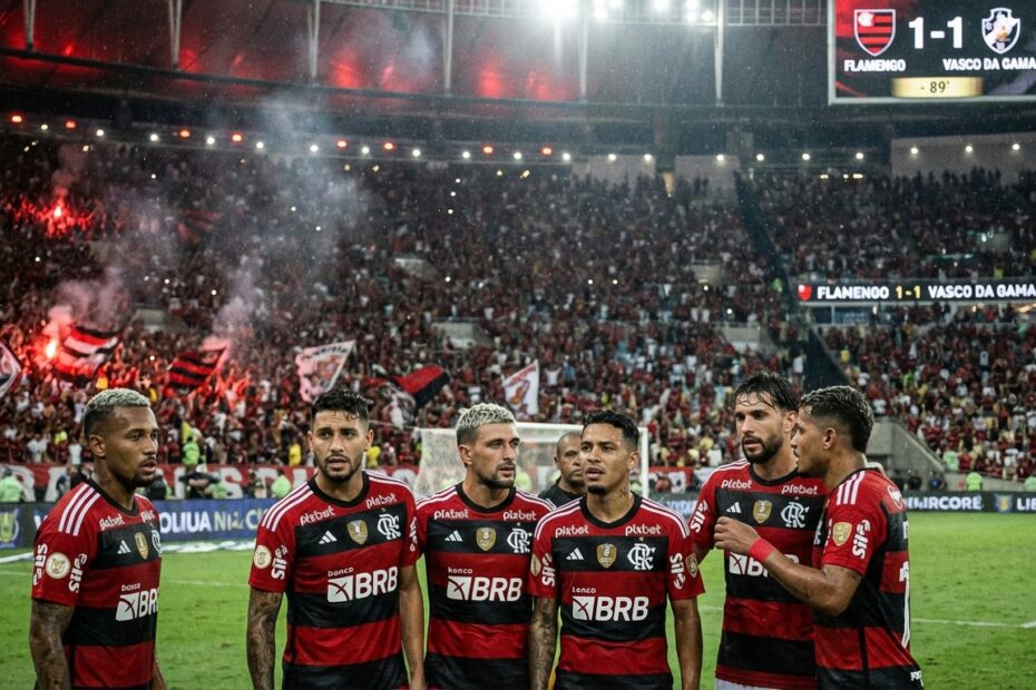 Jogadores do Flamengo em campo no Maracanã durante partida noturna decisiva