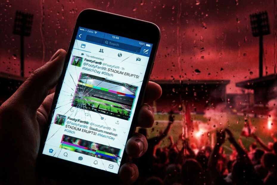 Smartphone com efeito de glitch digital e fundo de estádio desfocado nas cores do Flamengo