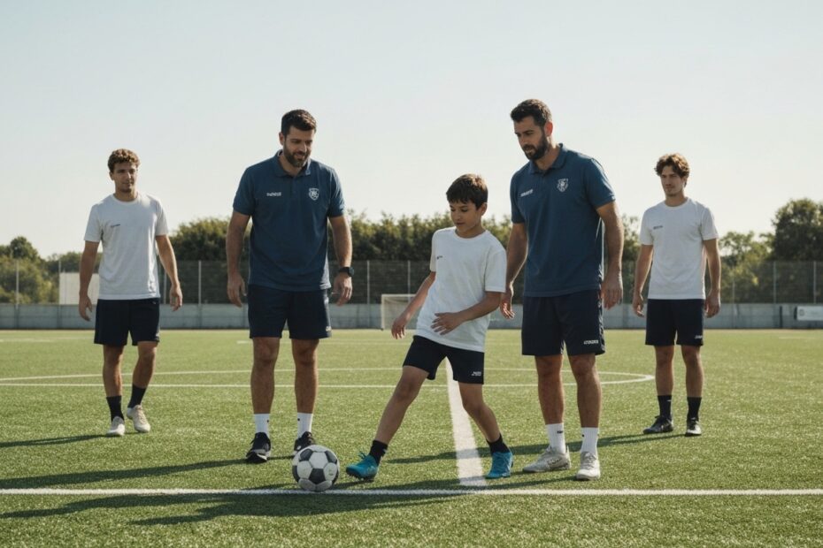 Iniciantes aprendendo os fundamentos do futebol em um campo