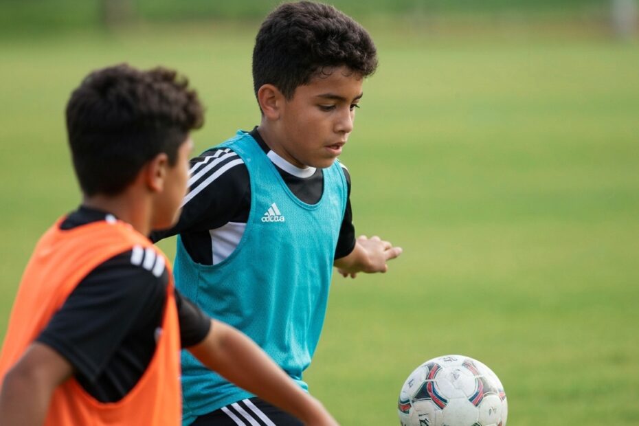 Jogador de futebol treinando passe com um colega
