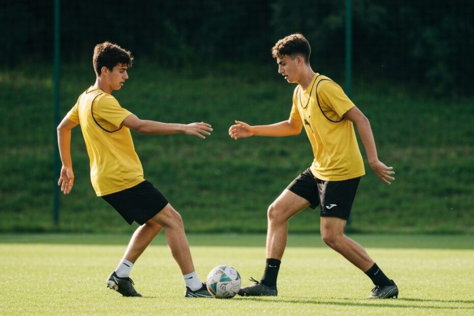 Jogador executando um passe de futebol com precisão