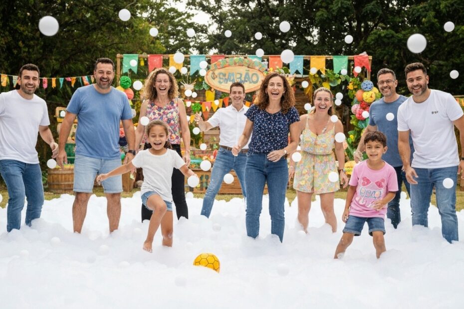 Pessoas se divertindo jogando futebol de sabão em um campo inflável com espuma.
