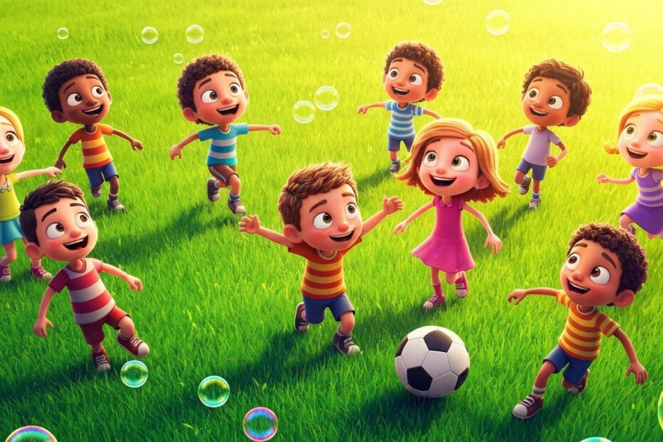 Crianças brincando de futebol de sabão e se divertindo com bolhas.