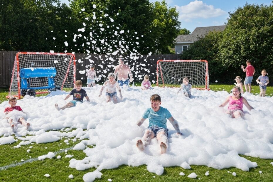 Crianças e adultos se divertindo em um campo de futebol de sabão com muita espuma no quintal.
