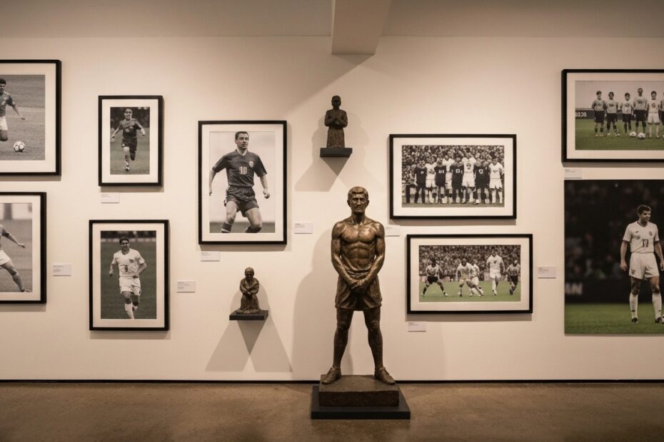 Colagem de obras de arte inspiradas no futebol, mostrando pinturas, fotografias e esculturas.