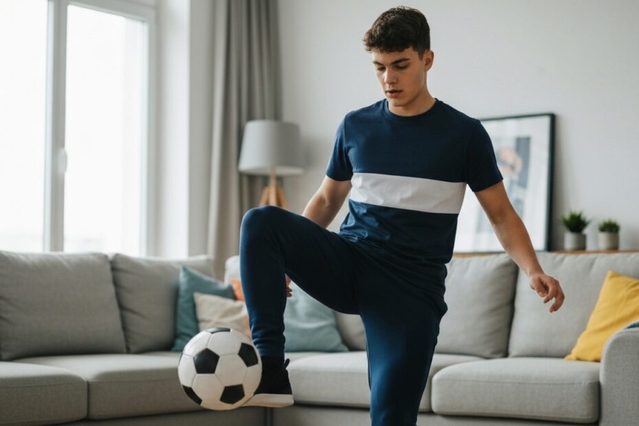 Jogador de futebol praticando controle de bola em casa