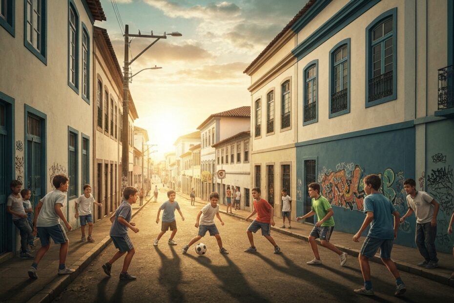 Crianças jogando futebol em uma rua brasileira ao pôr do sol, capturando a alegria e a energia do futebol de rua.