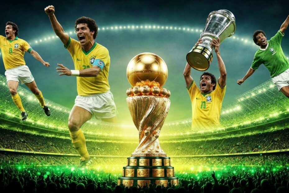 Troféu dourado do Campeonato Brasileiro em destaque, com silhuetas de jogadores icônicos e um fundo de estádio vibrante, representando a rica história dos títulos do Campeonato Brasileiro.