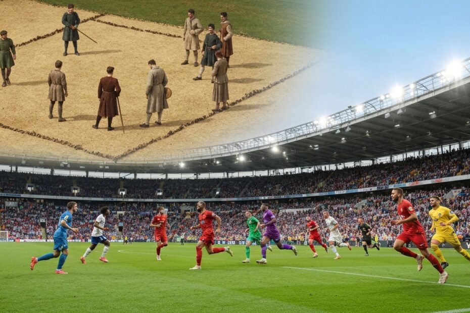 Evolução histórica do futebol, mostrando a transição de jogos antigos para partidas modernas