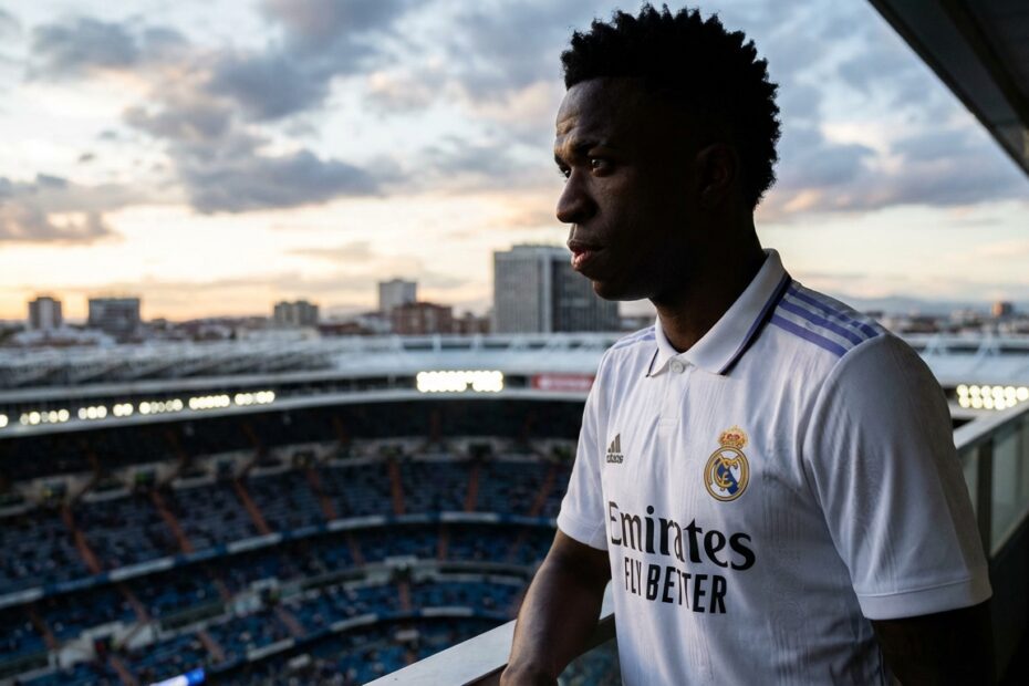 Vinicius Jr. com a camisa do Real Madrid em campo