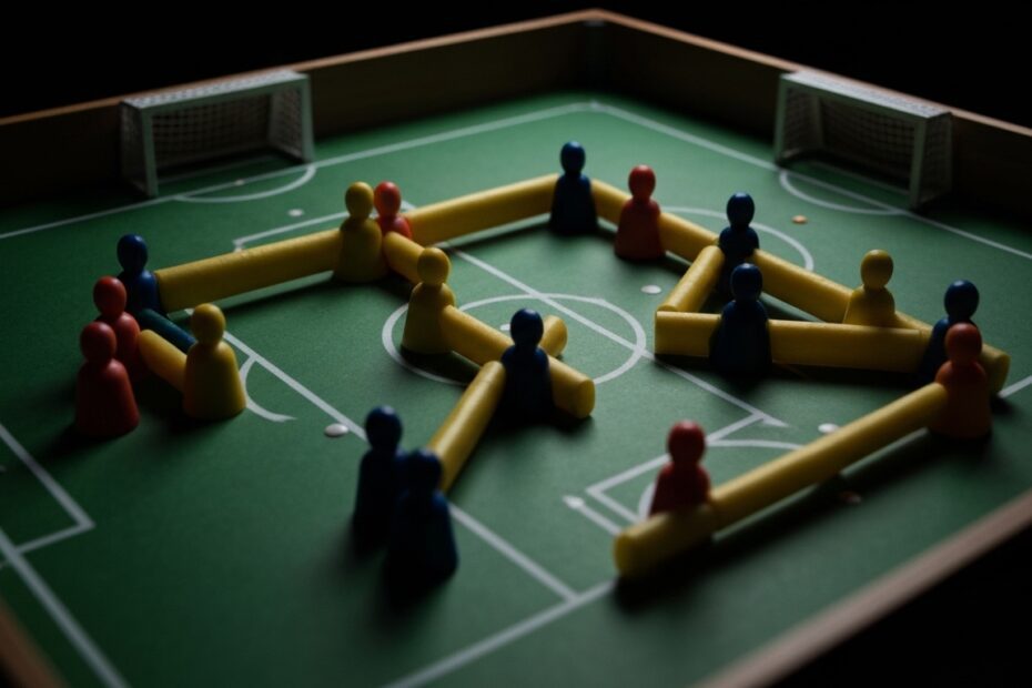 Mesa de futebol de botão com botões dispostos em formação tática