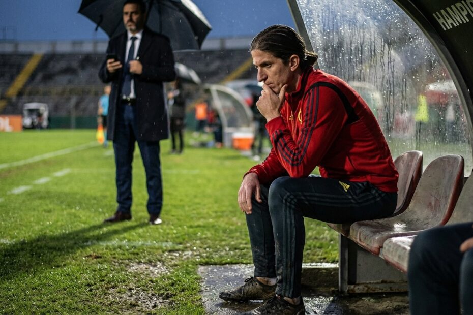 Filipe Luís pensativo no comando do Flamengo sob olhar atento de gestão de carreira