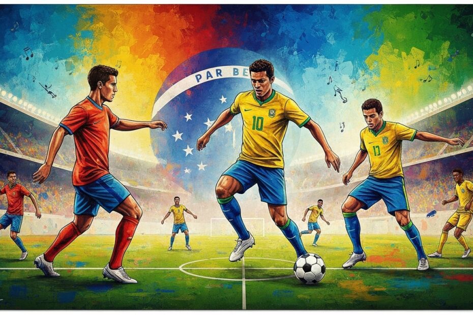 Representação artística do futebol arte brasileiro, com jogadores em movimentos criativos e elementos culturais.