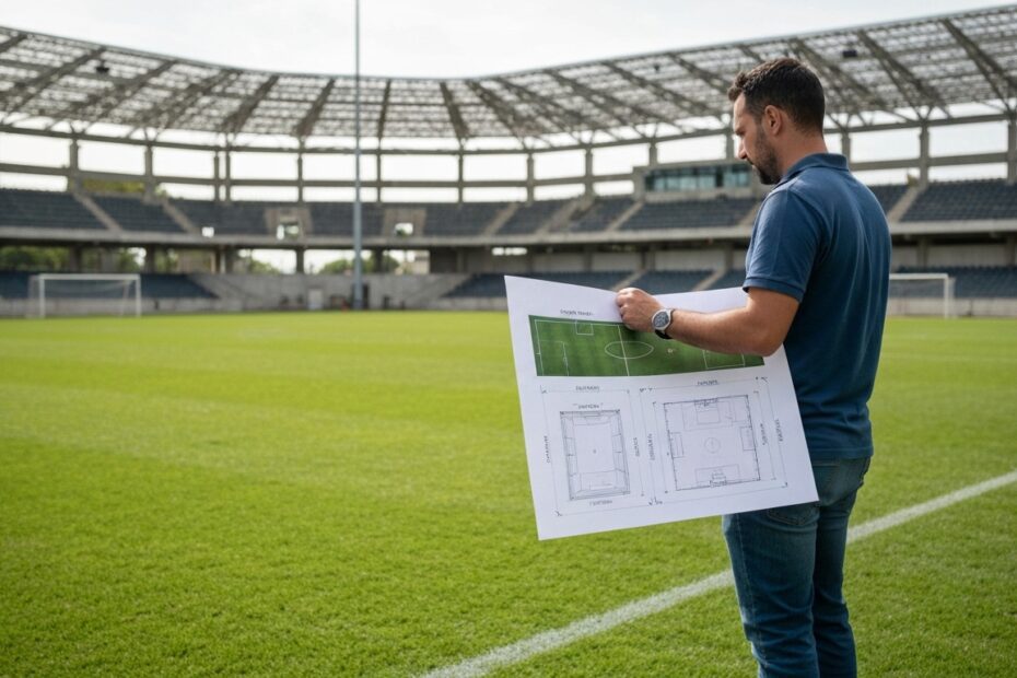 Engenheiro analisando projeto de campo de futebol