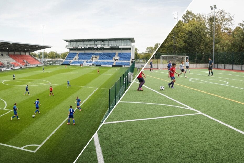 Variação de tamanhos de campos de futebol entre modalidades profissional, de base e society.